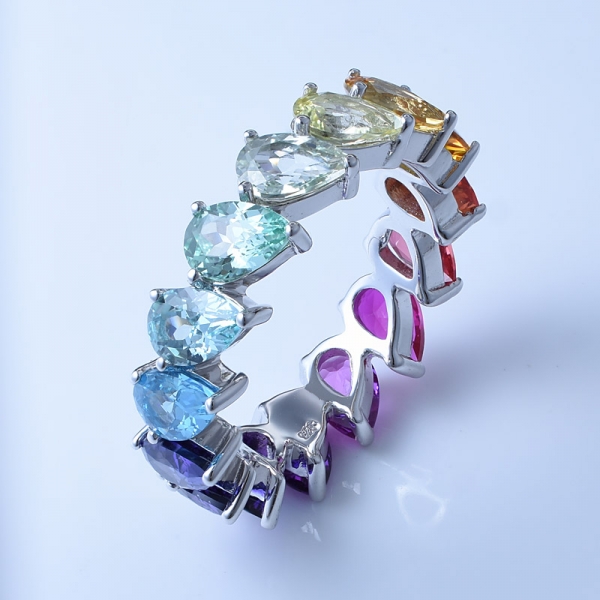 Synthetic Sapphire Pear Cut Rhodium Over Sterling Silver Rainbow Eternity Ring 