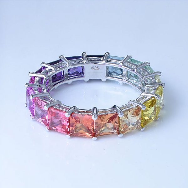 Princess Multi Color Corundum Rhodium Over Sterling Silver Classic Rainbow Eternity Ring 