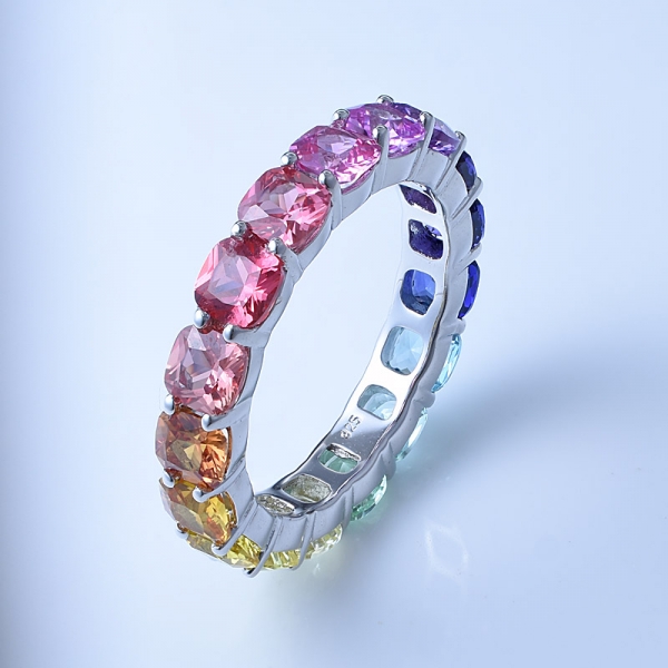 Colors of Simulated Sapphire Cushion Cut Rhodium Over Sterling Silver Rainbow Band Ring 