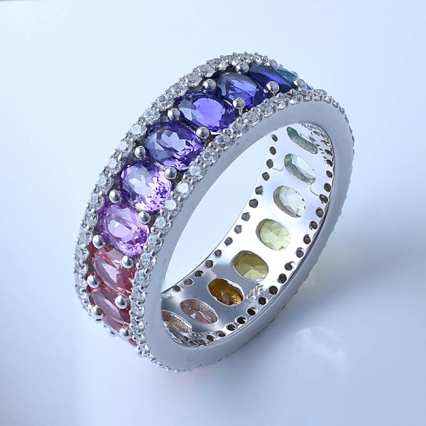 Oval Rainbow Corundum Rhodium Over Sterling Silver Eternity Ring 