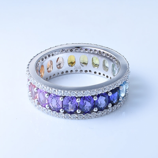 Oval Rainbow Corundum Rhodium Over Sterling Silver Eternity Ring 