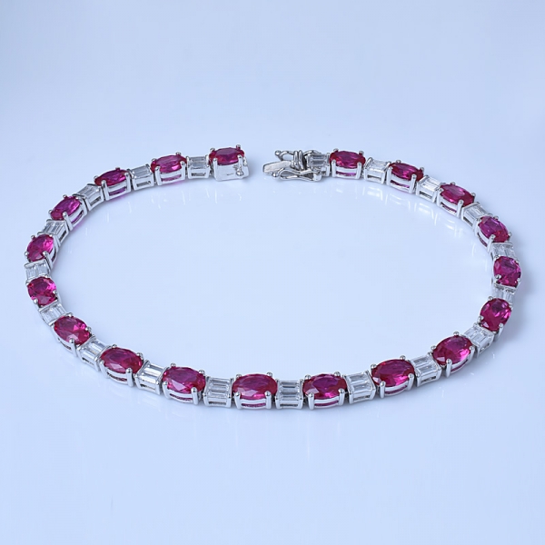Lab Created Oval Ruby With Clear Zirconia Rhodium Over Sterling Silver Line Bracelet 