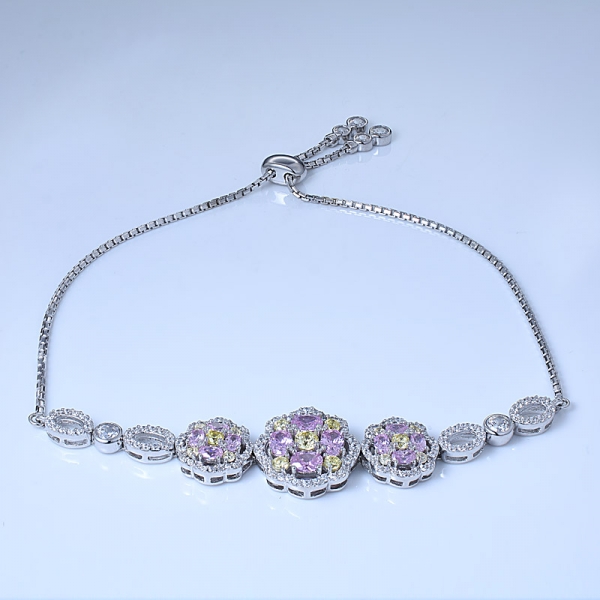 Simulate Light Pink Diamond Zirconia Rhodium Over Sterling Silver Adjustable Bracelet 
