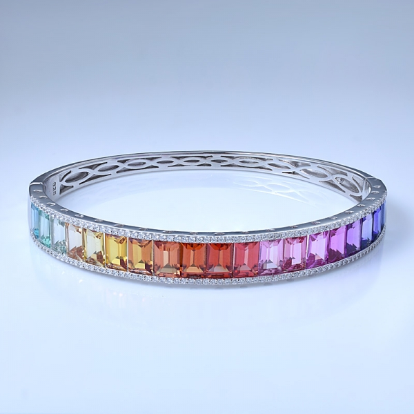 Synthesis Sapphire Rhodium Over Sterling Silver Rainbow Charm Bangle Bracelet 