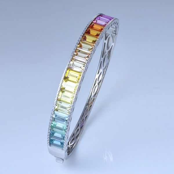 Multi-Color Simulate Sapphire Rhodium Over Sterling Silver Rainbow Charm Bangle Bracelet 