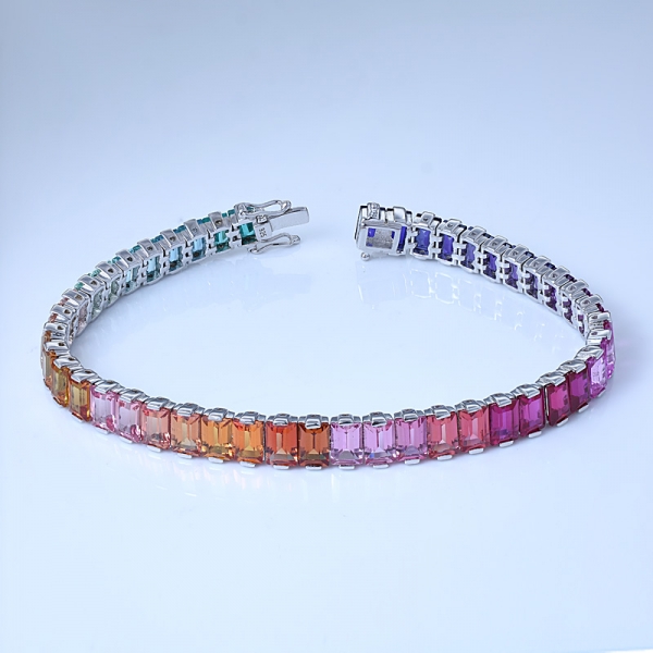 Synthetic Sapphire Baguette Cut Rhodium Over Sterling Silver Rainbow Bracelet Design 