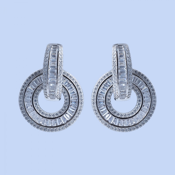 White CZ Rhodium Over Sterling Silver Baguette&Trapezoid Magnetic Earrings 