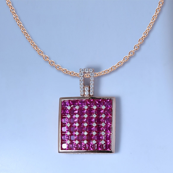 925 Sterling Silver Created Ruby & White CZ Cute Square Pendant 