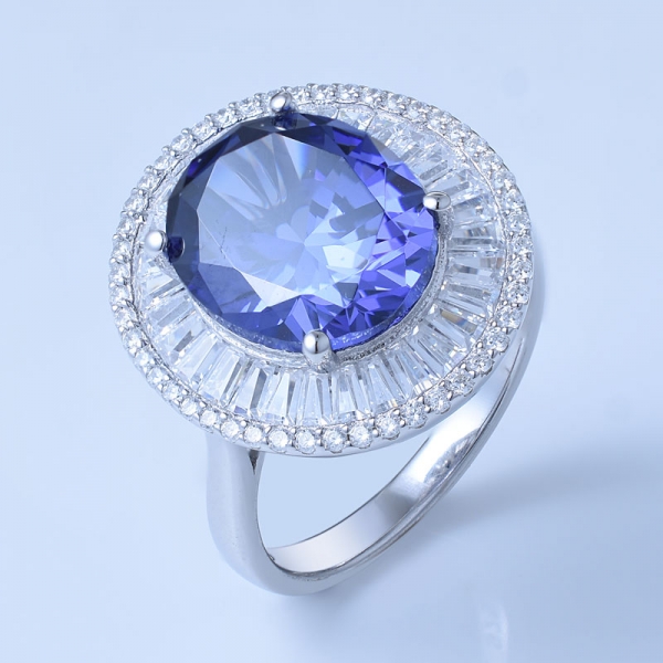 5 Carat Oval Blue Tanzanite CZ Rhodium Over Sterling Silver Diamond Wedding Rings 