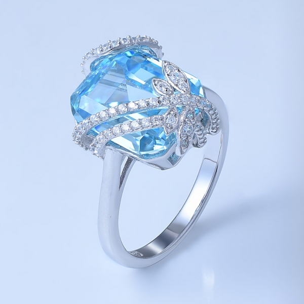 8.0Ctw Emerald Cut Aqua Blue CZ Over Sterling Silver Flower Ring Set Jewelry 