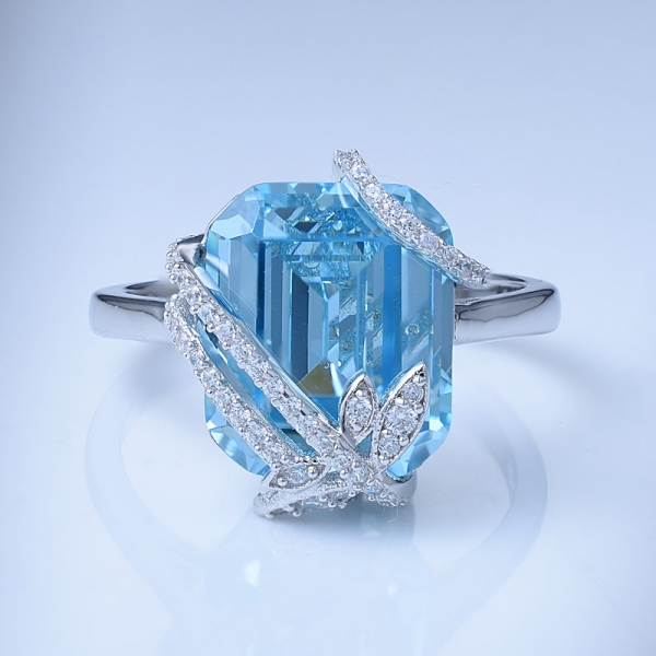 8.0Ctw Emerald Cut Aqua Blue CZ Over Sterling Silver Flower Ring Set Jewelry 