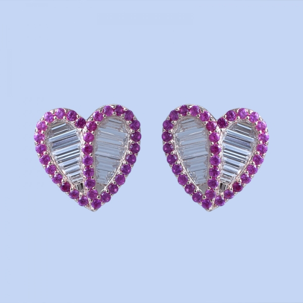 Lab Carat Ruby Corundum Rhodium Over Sterling Silver Heart Studs Earrings 
