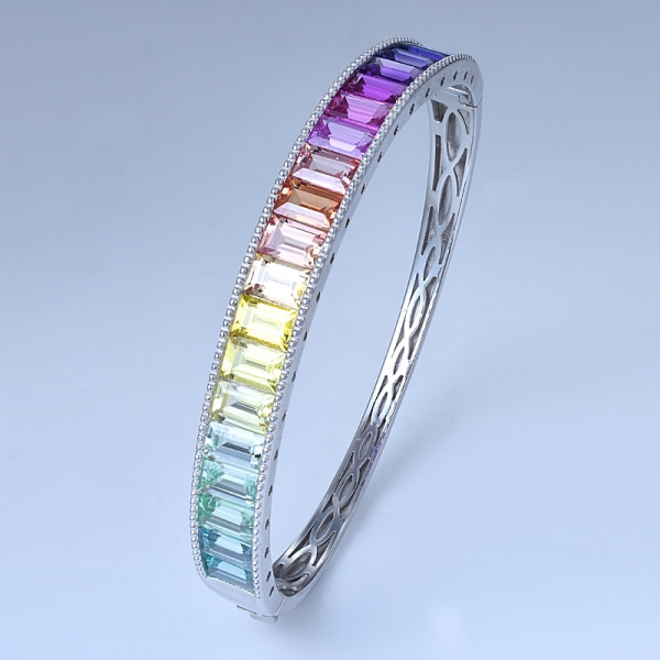 Baguettes Cut Synthesis Sapphire Sterling Silver Rainbow Cool Bangle Bracelets 