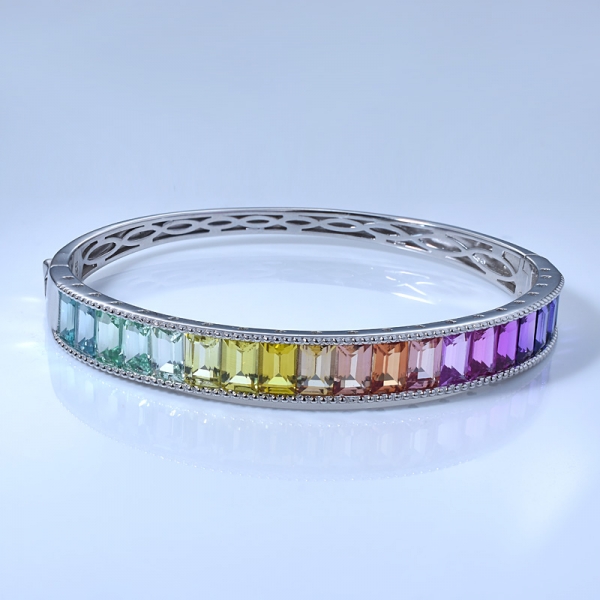 Baguettes Cut Synthesis Sapphire Sterling Silver Rainbow Cool Bangle Bracelets 