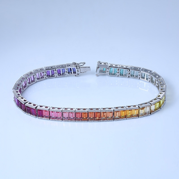 Synthetic Sapphire Rhodium Over Sterling Silver Ladies Rainbow Bracelet Set 