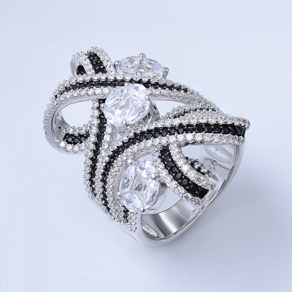 Black Nano and White Cubic Zirconia Rhodium Over Sterling Solitaire Ring 