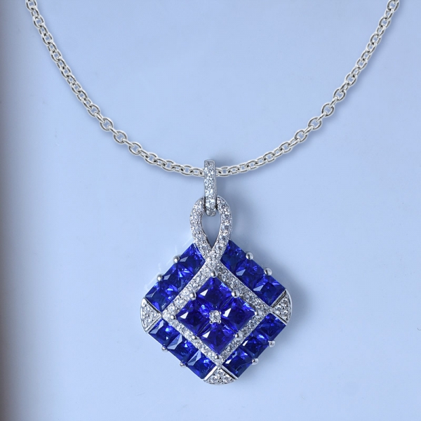 925 Sterling Silver Simulate Blue Sapphire Cocktail Pendant With Chain 