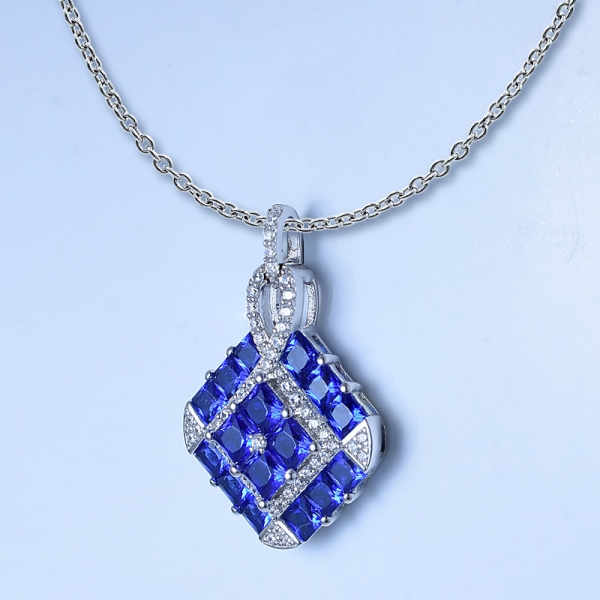 925 Sterling Silver Simulate Blue Sapphire Cocktail Pendant With Chain 
