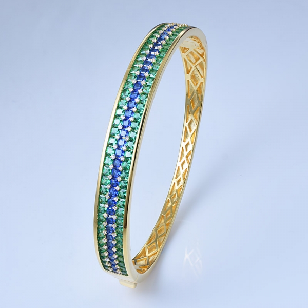 Simulate Blue Sapphire&Green Emerald Rhodium Over Sterling Silver Unique Bangle Bracelets 