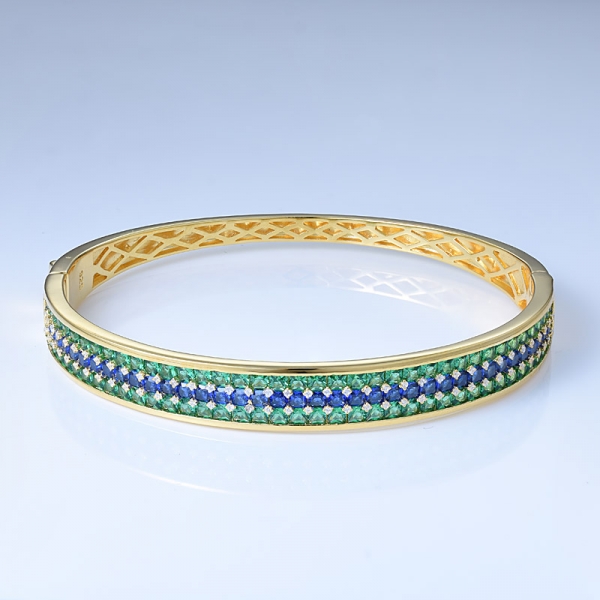 Simulate Blue Sapphire&Green Emerald Rhodium Over Sterling Silver Unique Bangle Bracelets 