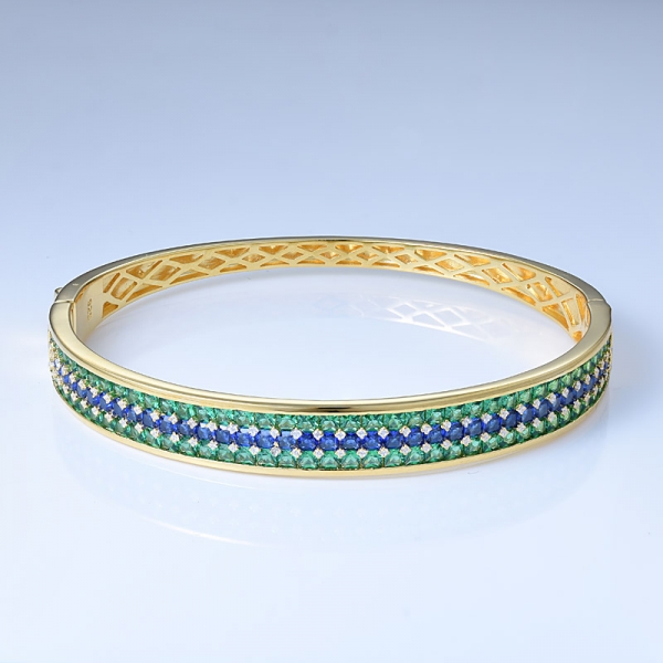 Simulate Blue Sapphire&Green Emerald Rhodium Over Sterling Silver Unique Bangle Bracelets 