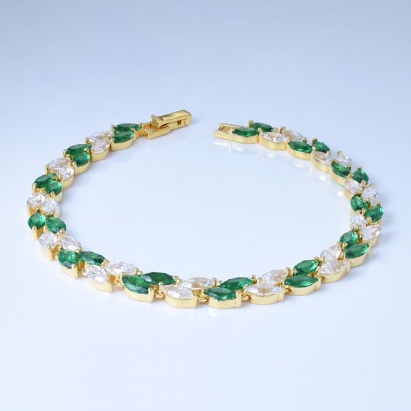 Sterling Silver Created/Simulated Green Emerald Gemstone Marquise-cut Tennis Bracelet 