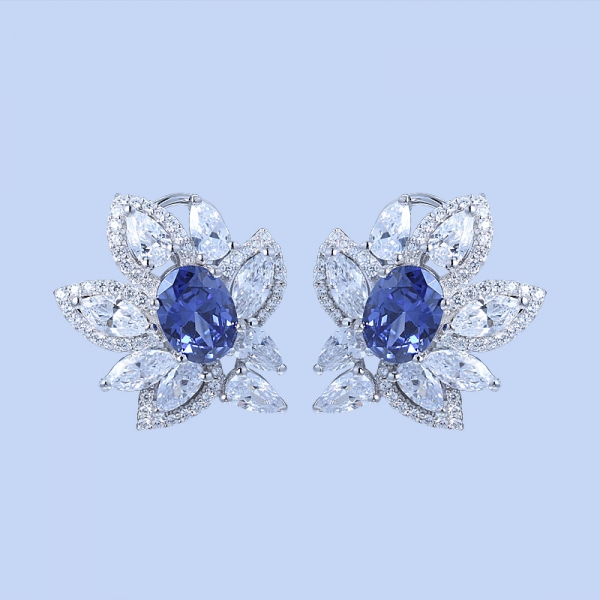 Oval Blue Tanzanite CZ Rhodium Over Sterling Silver New Earrings 