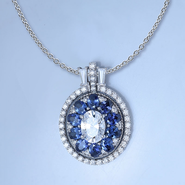 Simulate Blue Tanzanite Rhodium Plating 925 Sterling Silver December Gemstone Round Pendant Charm 