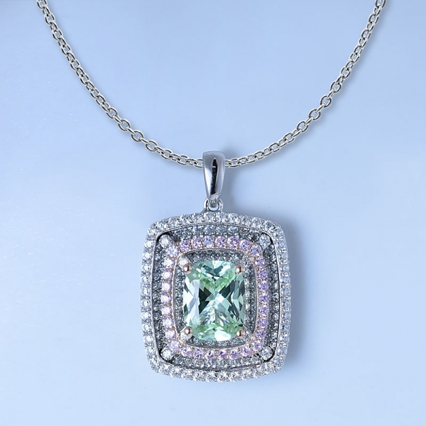 Synthetic Green Diamond Princess-Cut Rhodium Over 925 Sterling Silver Gemstone Pendant 