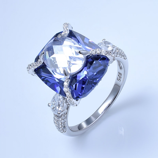 Fancy Handcrafted Cushion Blue Tanzanite 925 Sterling Silver 2-stone anniversary rings 