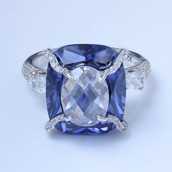 Fancy Handcrafted Cushion Blue Tanzanite 925 Sterling Silver 2-stone anniversary rings 