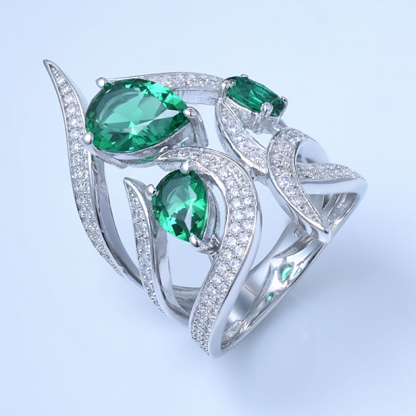 Created Green Emerald Rhodium Over Sterling Silver Engagement ladies stone rings 