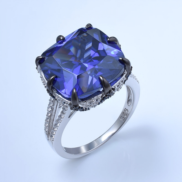Cushion Cut Created Blue Tanzanite Rhodium Over 925 Sterling Silver Engagement Bridal Ring 
