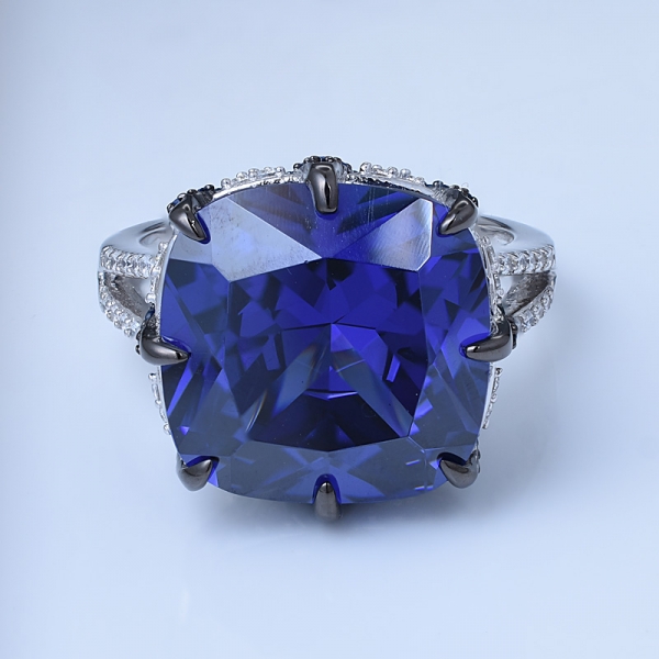 Cushion Cut Created Blue Tanzanite Rhodium Over 925 Sterling Silver Engagement Bridal Ring 