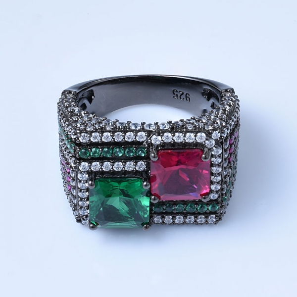 Created Green Emerald&Ruby Black Over Sterling Silver antique wedding rings 