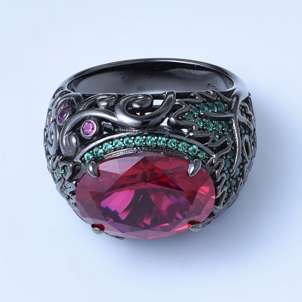 Created Ruby Corundum Black Over Sterling Silver bridal rings 