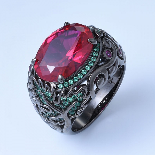 Created Ruby Corundum Black Over Sterling Silver bridal rings 
