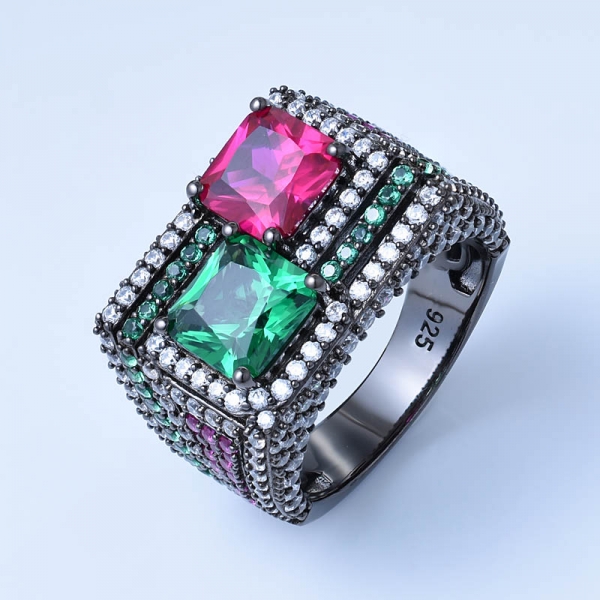 Created Green Emerald&Ruby Black Over Sterling Silver antique wedding rings 