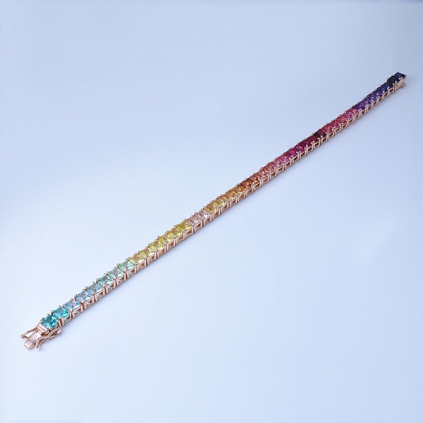 Synthetic Sapphire Cushion cut stone Rhodium Over Sterling Silver Rainbow Line Bracelet 