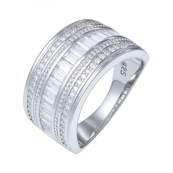 Gorgeous Baguette & Round Clear CZ 925 Silver Bypass Design Ring 