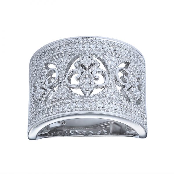 Classic White gold plated rings with clear cz paved wide band 925 sterling silver ring 