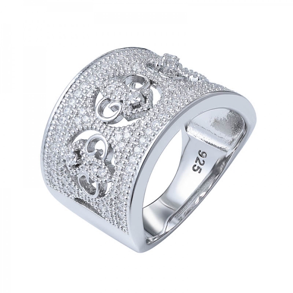 Classic White gold plated rings with clear cz paved wide band 925 sterling silver ring 