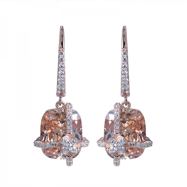 Wholesale Custom Jewelry 925 Sterling Silver CZ Rose Gold Plated Cushion-Cut Champagne cz Halo Diamond Earring Jewelry Set 