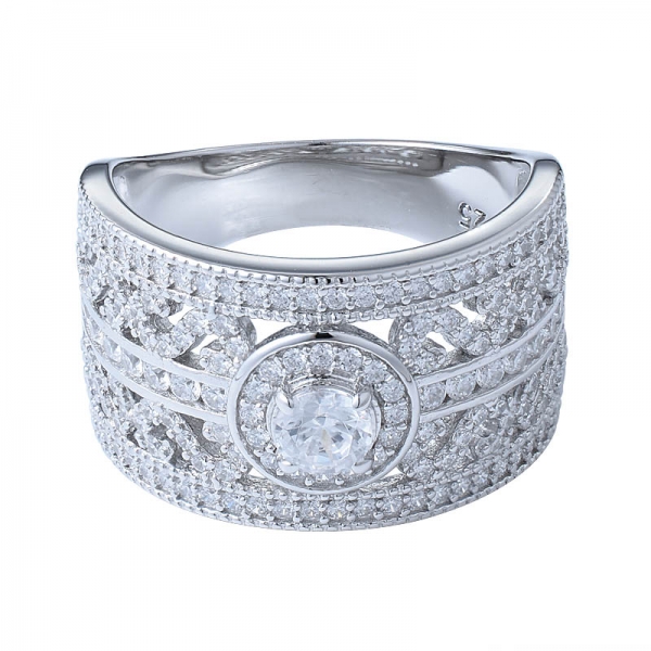 Art Deco Fancy 18K White Gold Plating CZ Engagement Band Ring For Girl 
