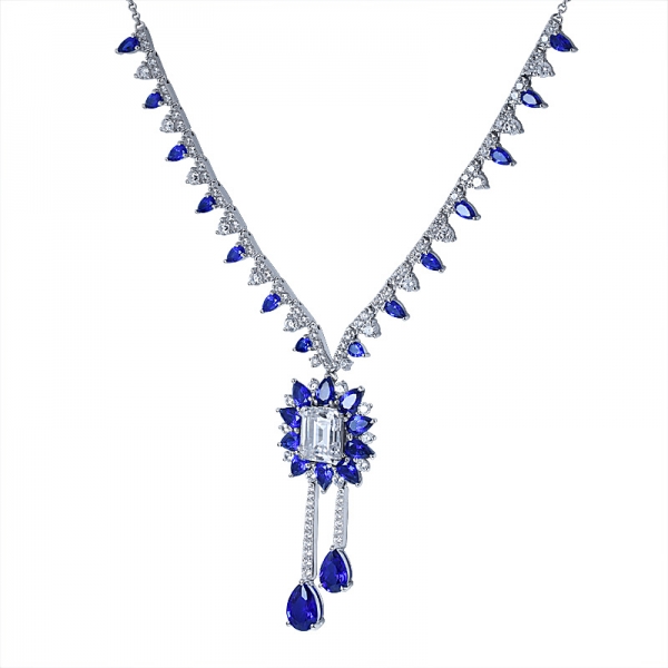 Fine Jewelry Fancy Necklace 925 sterling silver Pear Blue Sapphire necklace 
