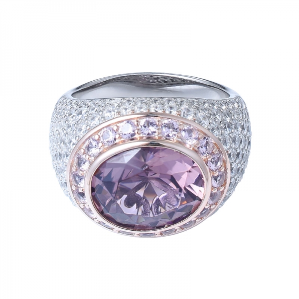 2-tone Plated Silver Oval Shape Morganite and Diamond Halo Setting Ring 