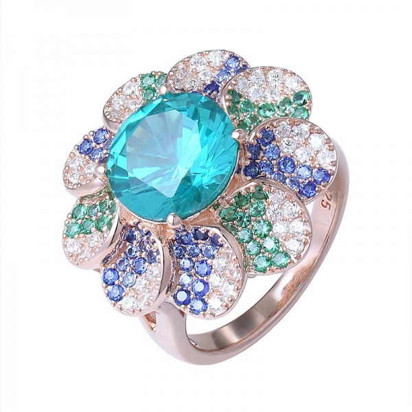 Wholesale Sterling Silver gemstone ring 4.0ct Round cut Paraiba blue topaz flower shape ring 