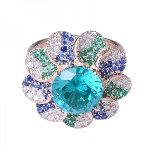 Wholesale Sterling Silver gemstone ring 4.0ct Round cut Paraiba blue topaz flower shape ring 