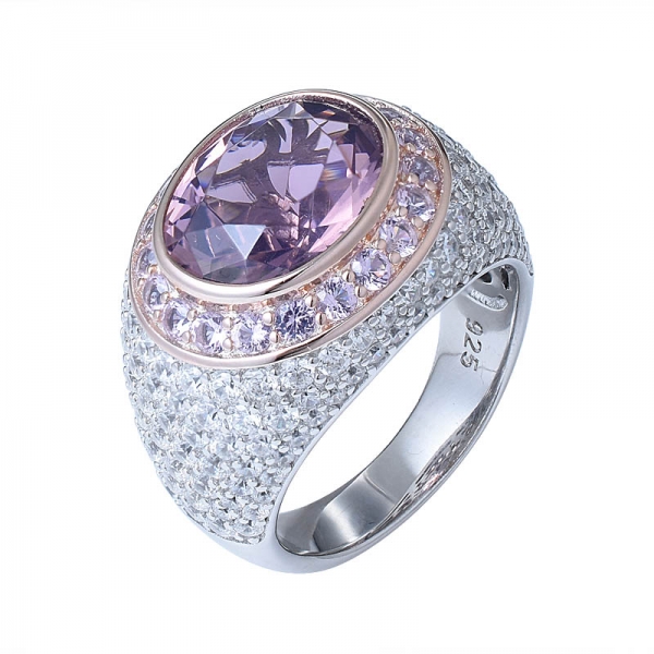2-tone Plated Silver Oval Shape Morganite and Diamond Halo Setting Ring 