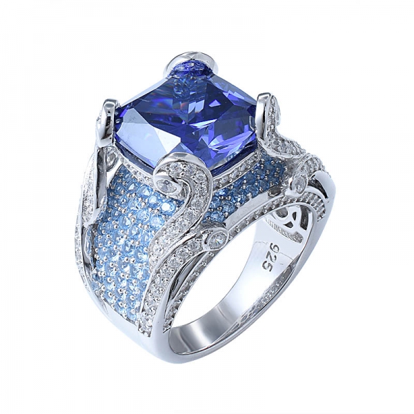 Appealing Pretty White Gold Plated Silver Flower Cushion Blue Tanzanite Diamonds Women Wedding Ring 
